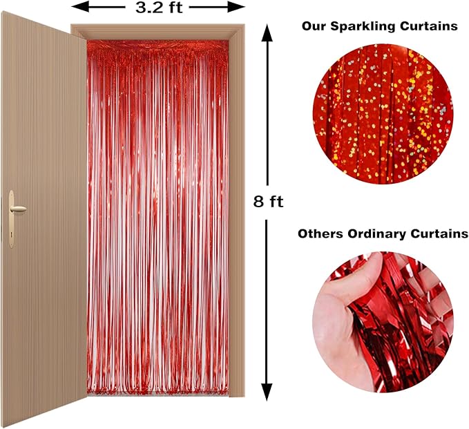 Melsan 2 Pack Red Tinsel Foil Fringe Curtains Backdrop, Sparkle Tinsel Backdrop Curtains for Fourth of July Patriotic Birthday Party Decorations