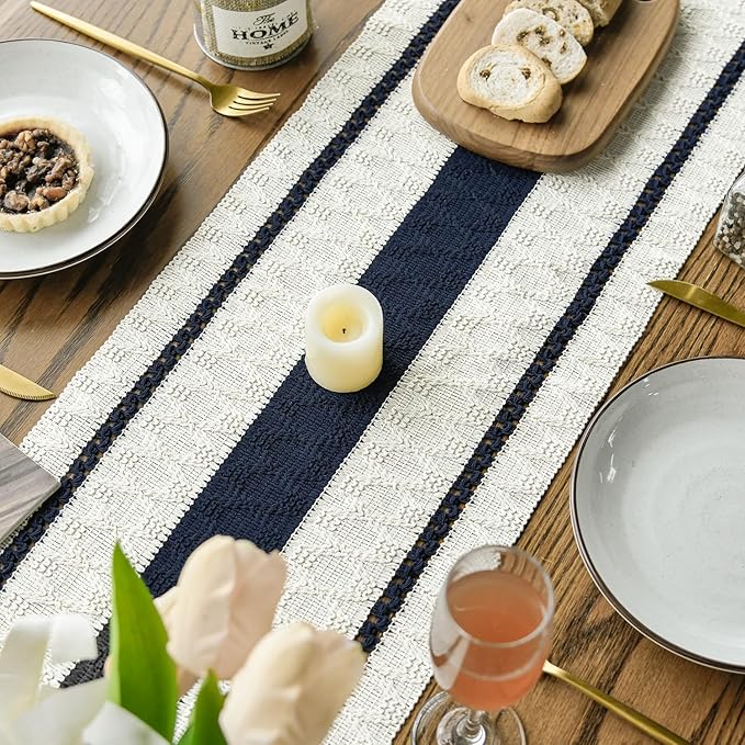 Artoid Mode Dark Blue Farmhouse Woven Rustic Table Runner, Seasonal Holiday Hollow Kitchen Dining Table Decoration for Home Party Decor 12x60 Inch