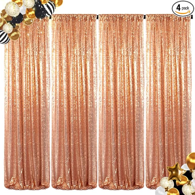 ShinyBeauty Sequin Backdrop Curtains 4 Panels Rose Gold 2FTx8FT Sequin Fabric Photo Backdrops Rose Golden Backdrop Glitter Curtains for Party Baby Shower Backdrop Backgrounds