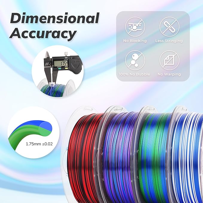 AMOLEN Silk PLA 3D Printer Filament Bundle, Shiny PLA Filament 1.75mm Multicolor Rainbow Pack, Fast Color Change PLA 3D Printing Filament for Most FDM 3D Printer, 1KG X 4 Spools