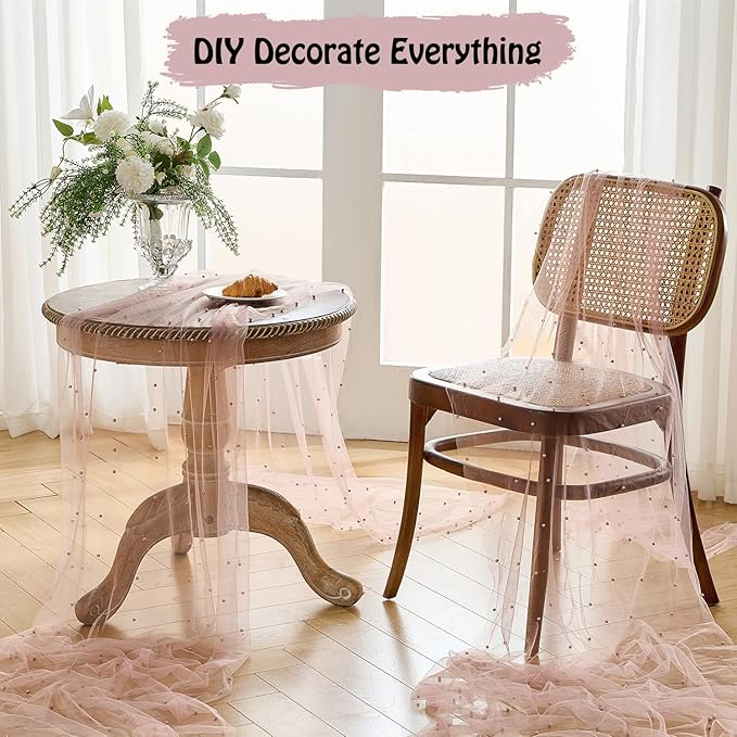 Fanami 1 Pack Pearl Table Runner -10FT Dusty Pink Boho Tulle Table Runners 120 Inches Long Rustic Sheer Lace Fabric Centerpieces for Wedding Arch Birthday Party Bridal Veil Baby Shower Decorations