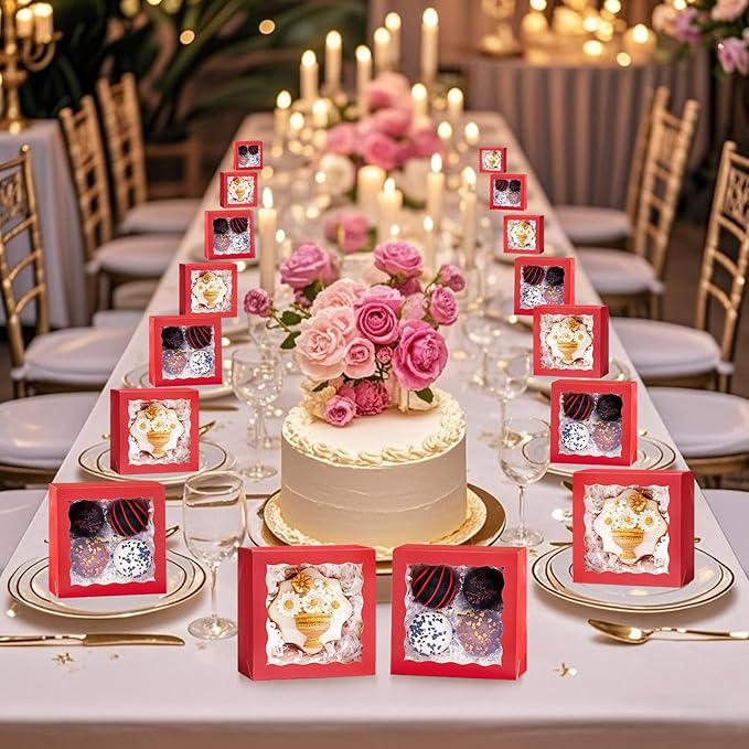 50-Count 4x4x2 Food-Safe Classic Red Bakery Boxes - Multi-Use Pastry & Treat Packaging for Cookies, Truffles & Wedding Favors (Stackable Gift Boxes for Cakes, Pies & Cinnamon Rolls)