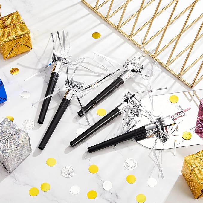 Skylety 18 Pcs Party Blower Noisemakers Party Squawkers Blowouts Whistles Fringed Noise Maker Musical Blowouts for Birthday Supplies(Black and Silver)