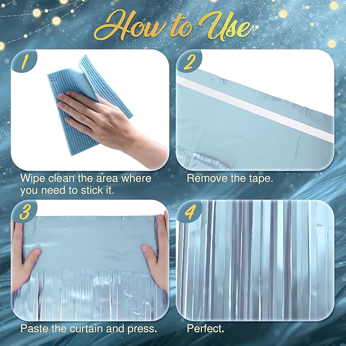 2 Pack Metallic Light Blue Fringe Backdrop, 3.2x8.2ft Shining Foil Tinsel Curtains, Birthday Party Decorations Door Streamers for Halloween, Christmas, Wedding, Graduation, Holiday, Theme Events