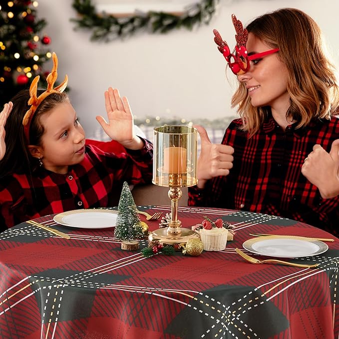 Christmas Tablecloth Round 60 Inch Waterproof, Machine Washable Checkered Polyester Table Cover for Xmas Party, Winter Holiday Home Decoration in Festive Checkered Green 1pack