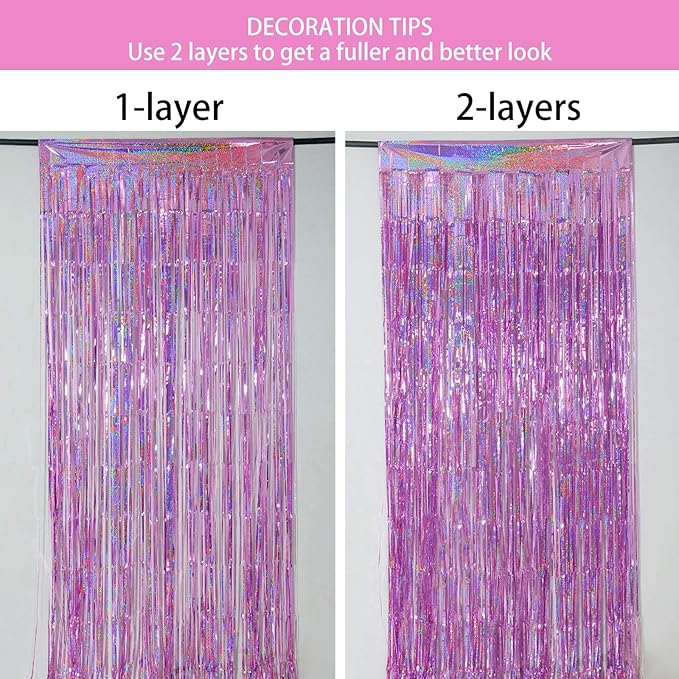 Melsan 2 Pack 3.2 ft x 8.2 ft Tinsel Foil Fringe Curtains Backdrop, Sparkle Metallic Foil Curtains for Party Photo Booth Props Decoration, Pinkish Purple