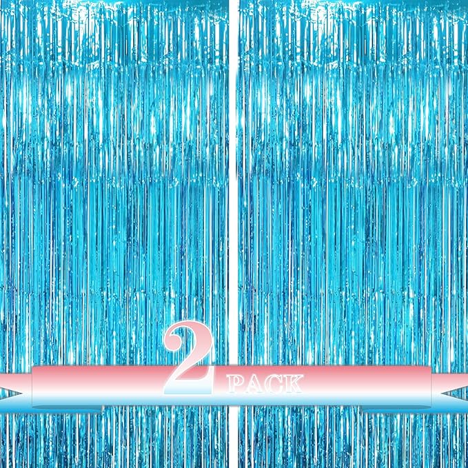 Light Blue Fringe Backdrop Party Decorations,2 Pack Teal Tinsel Foil Fringe Curtains Blue Streamers Backdrop for Ocean Themed Party Decorations,Baby Shower,Gender Reveal,Frozen Birthday Party Supplies