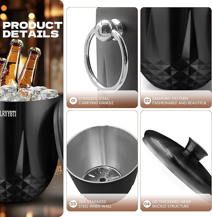 3L Ice Buckets for Parties and Cocktail Bar with Stainless Steel Lid,Tongs & Strainer(Black) Double-Wall Insulated Metal Ice Bucket Keep Ice Frozen Longer for Outdoor Champagne Ice Container Bin