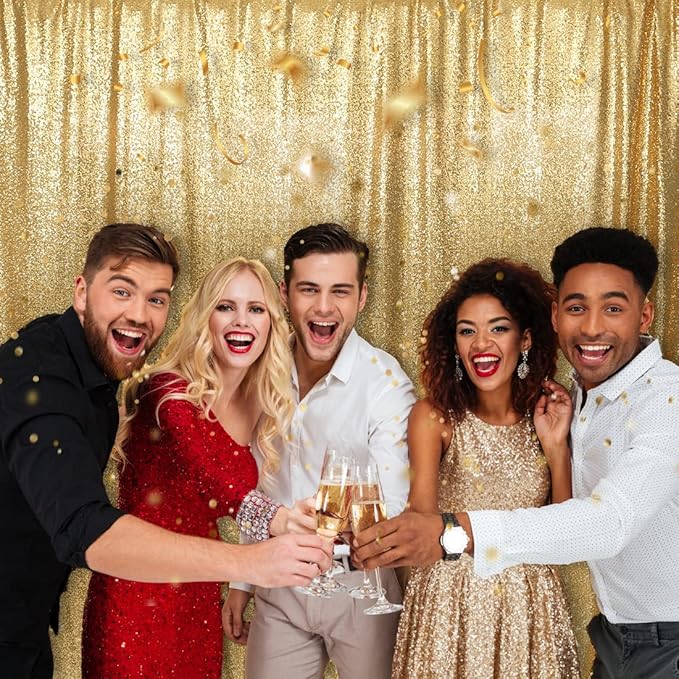 PartyDelight Sparkly Gold Sequin Backdrop Curtain 6Ft x 6Ft Photography Party Event Back Drop