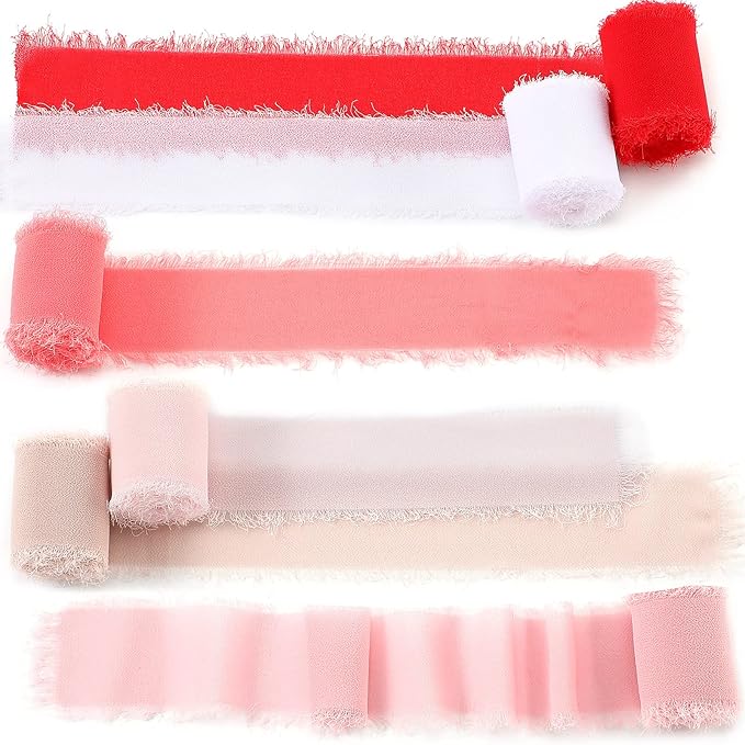 6 Rolls Handmade Fringe Chiffon Silk Ribbon 1.5" x 3 Yd Colorful Ribbon for Wedding Invitations, Bridal Bouquets, Gifts Wrapping, DIY Crafts (Pink Red Set)