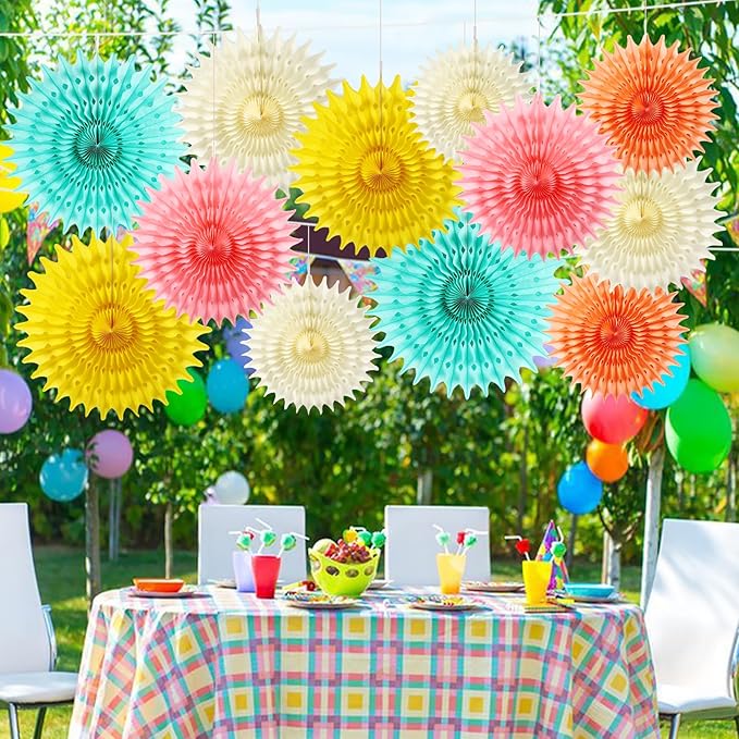 12PCS Paper Fans Colorful Rainbow Pastel Party Decorations Tissue Paper Flowers Decorations for Girl Groovy Birthday Baby Shower Wedding Bachelorette Room Wall Hanging Décor