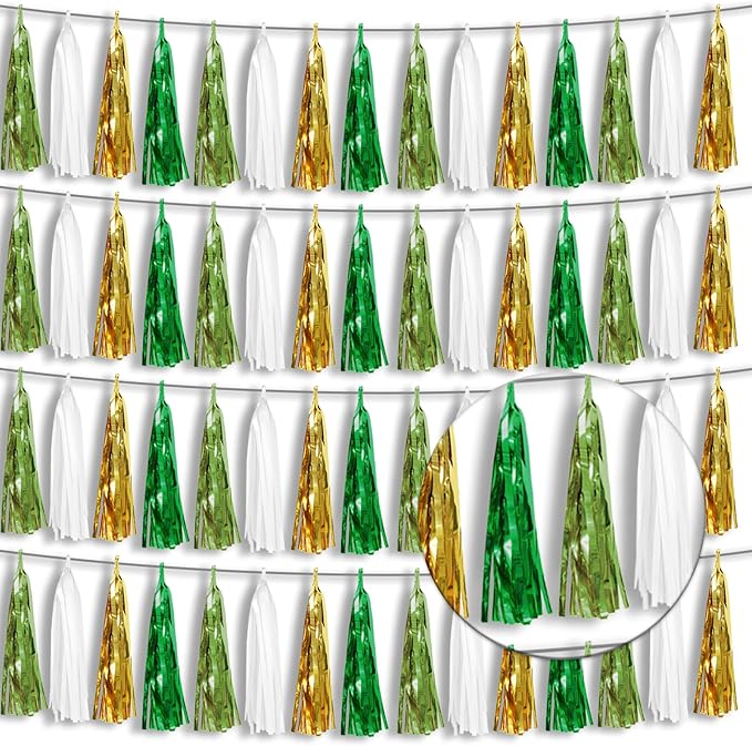4P Sage-Green Gold Foil Fringe Tassel Banner Garland Metallic Tinsel Streamers Wall Hanging Curtain Backdrop Banners for Parade Floats, 2024 Graduation Decorations, Woodland Party Decoration