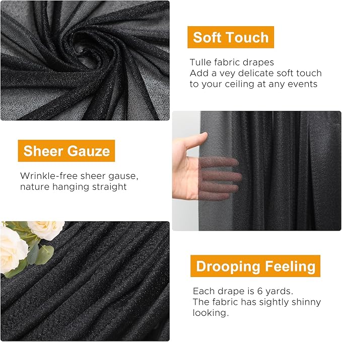 Wedding Arch Draping Fabric 2 Panels 28.7" x 20FT Black Sheer Chiffon Backdrop Drapes for Wedding Ceremony Birthday Party Bridal Shower Outdoor Decoration