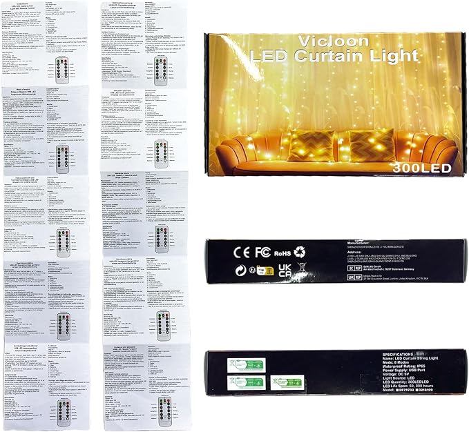 Vicloon Fairy Curtain Lights,300 LED Warm White Curtain Lights,8 Modes 9.8×9.8Ft Waterproof Window Curtain String Light USB&Battery Powered with Remote Control,String Lights Curtain for Indoor,Outdoor