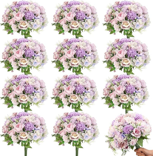 Tigeen Artificial Flowers Artificial Peonies Silk Flowers Faux Peony Fake Peony Silk Hydrangea Bouquet for Wedding Table Centerpiece Floral Vase Decor(Purple,24 Bundles)