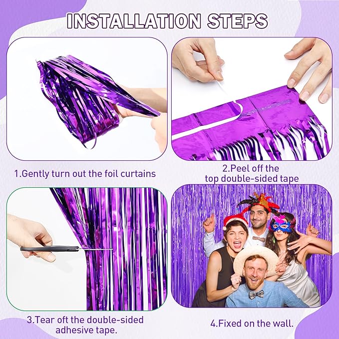 Purple Foil Curtain Backdrop, 2Pack Metallic Tinsel Foil Fringe Curtains Photo Booth Props for Birthday Wedding Engagement Bachelorette Baby Shower Christmas Holiday Celebration Party Decorations