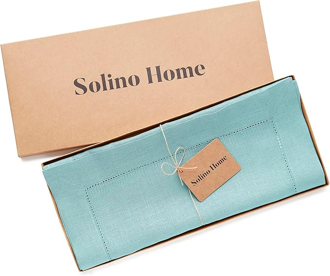 Solino Home Linen Aqua Blue Table Runner 60 Inches - Classic Hemstitch, 100% Pure Linen Coffee Table Runner 14 x 60 Inch Ideal for Dresser Tables