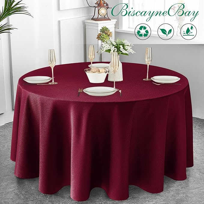 Biscaynebay Textured Fabric Christmas Round Table Cloth 132", Burgundy Water Resistant Washable Tablecloths for Outdoor & Indoor, Dining, Kitchen, Wedding & Parties