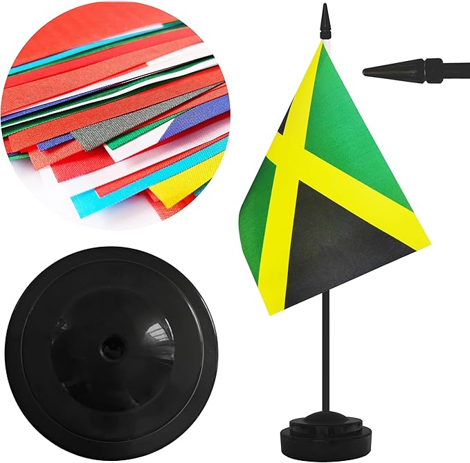 2 Pack Jamaica Desk Flag Set, Jamaican Desktop Small Miniature Table Office Flag with 12" Black Pole and Black Base, Offices, Classroom, Home, Festival Decoration (Jamaica)