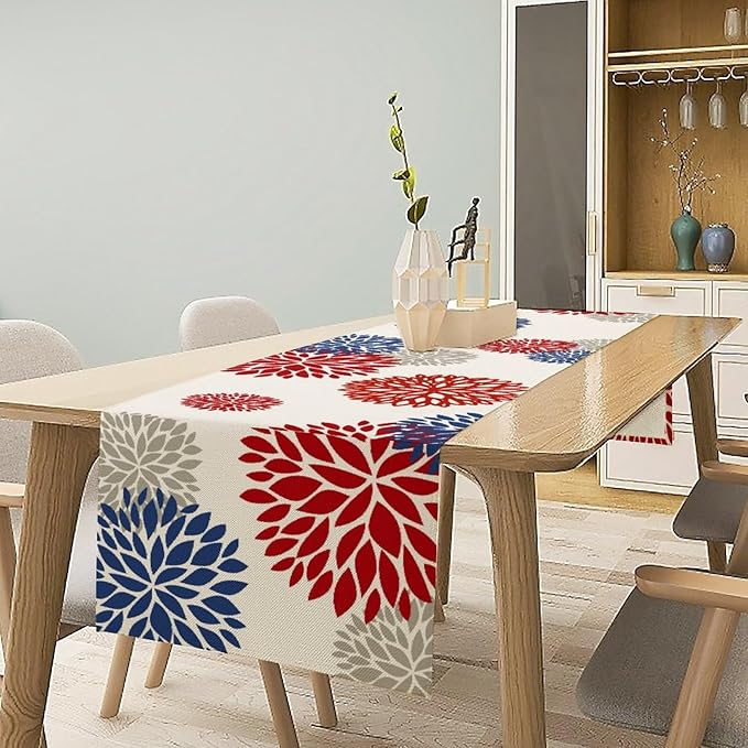 4th of July Table Runner, Blue Red Dahlia Flower American Patriotic Memorial Day Table Runner for Farmhouse Kitchen Dining Table Party Decor, 13x70inch