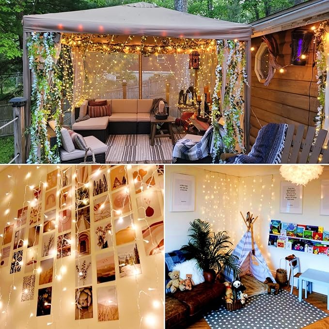 LE Fairy Curtain Lights Battery Operated & USB Plug in, Remote 10 x 10 ft Hanging String Lights for Bedroom Wall, 300 LED Indoor Outdoor Twinkle Lights for Wedding Party Backdrop Tent, Patio, Gazebo