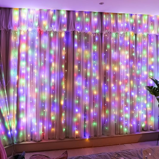 HXWEIYE 300LED Fairy Curtain Lights, 9.8x9.8Ft USB Plug-in 8 Modes Christmas String Hanging Lights with Remote for Bedroom Backdrop Wedding Party Indoor Wall Decor, Multicolor