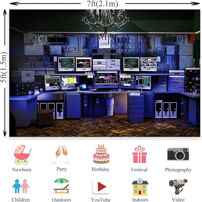 Computer Photo Backdrop Technology Office Backdrop Vintage Blue Background for Boys Party Room Decor Photo Booth Props Supplies YUNBYW010