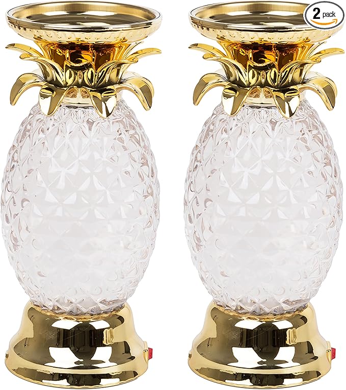YAKii 9.5" Pineapple LED Color Changing Shine Lamp,Swirling Water Waves Lamp Kid Safe Battery/USB Cable Operated,Table Lamp Candle Holder Table Decoration Gold(Pack of 2)