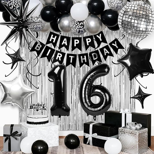 16th Birthday Decorations for Boys Girls, Black Silver Happy Birthday Party Decorations， 16 Year Old Party Supplies with Number 16 Balloons, Banner, Fringe Curtains Kit
