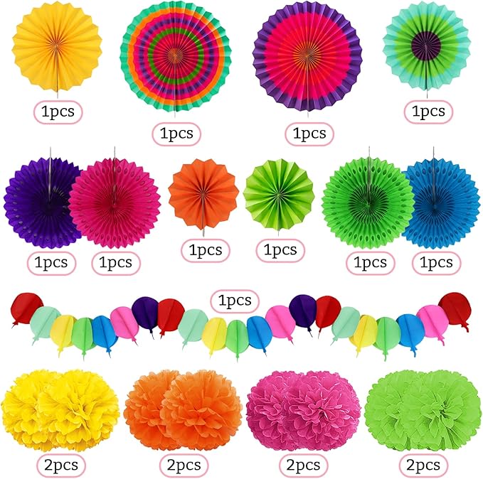 Fiesta Party Decorations, Multicolored Paper Pompoms Fan Garlands for Mexican Party Cinco De Mayo Luau Event Birthday Holi Decorations Colorful Rainbow Party Supplies