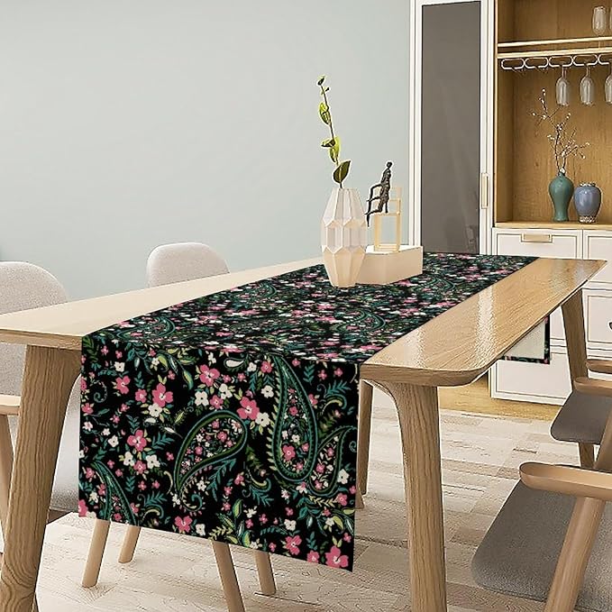 Paisley Table Runner, Abstract Vintage Boho Pink Paisley Flowers Green Teal Leaves Print Table Runner for Dinning Holiday Party Indoor Outdoor Decor, 13x60inch
