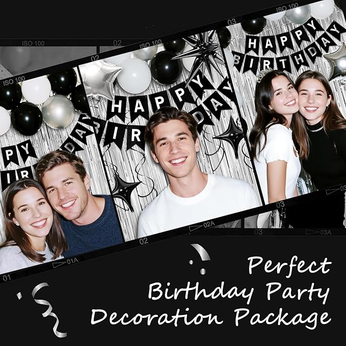 21st Birthday Decorations for Men Women, Black Silver Happy Birthday Party Decorations， 21 Year Old Party Supplies with Number 21 Balloons, Banner, Fringe Curtains Kit
