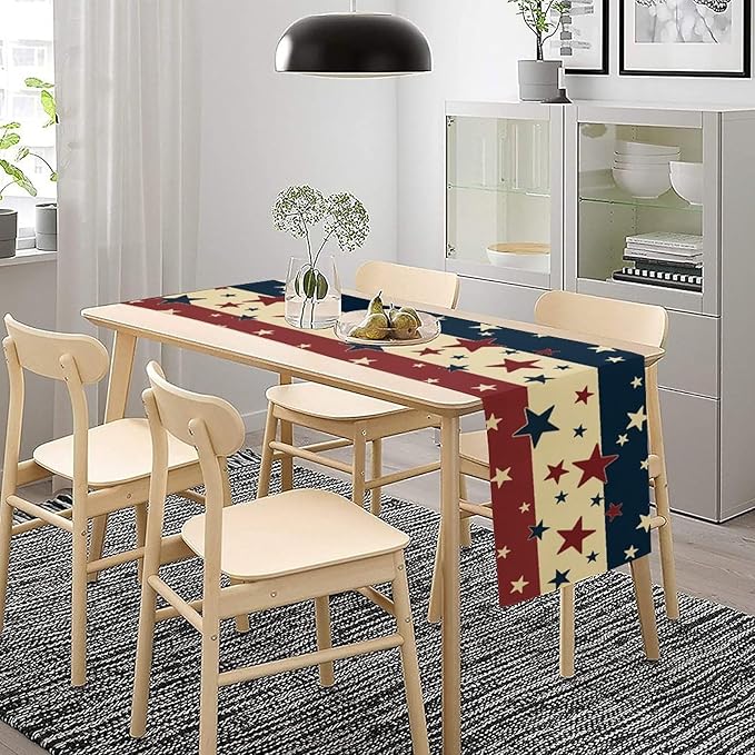 Memorial Day Table Runner, 4th of July American Patriotic Independence Day Stars Stripes Print Table Runne for Summer Holiday USA Home Decoration Party,13x36inch