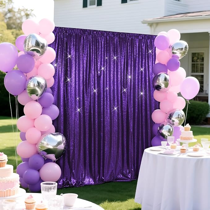SquarePie Sequin Backdrop Less Transparent Background Sparkly Curtain for Wedding Halloween Party 8FT x 8FT Purple
