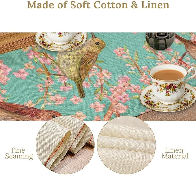 Table Runner with Flowers and Birds, Spring Plant Flowers Table Decoration Linen Table Runner Family Party Party Decorations 13x36 Inches