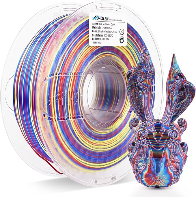 AMOLEN Silk PLA 3D Printer Filament, Shiny Multicolor Rainbow PLA Filament 1.75mm, Fast Color Change PLA 3D Printing Filament for Most FDM 3D Printer, Blue Red YellowGreen