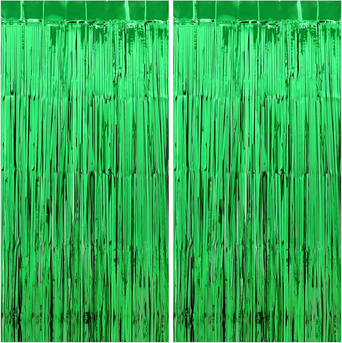 Green Streamers - Thicken 2 Pack 3.2 x 8.2 FT - Tinsel Foil Fringe Curtains Party Backdrop for Birthday, Dinosaur, Jungle, Football, Golf Party Decorations