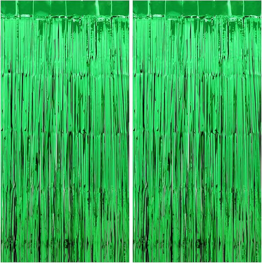 Green Streamers - Thicken 2 Pack 3.2 x 8.2 FT - Tinsel Foil Fringe Curtains Party Backdrop for Birthday, Dinosaur, Jungle, Football, Golf Party Decorations