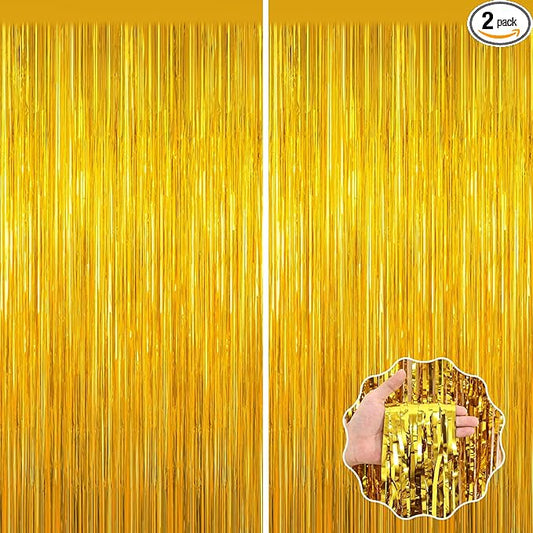 Gold Tinsel Backdrop Birthday Decorations, 2Pack Foil Curtain Backdrop Gold Streamers Dance Party Decorations Photo Booth Props for Bachelorette Decors Christmas Halloween New Years Eve Party Supplies