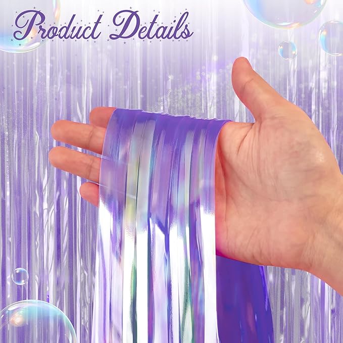 2 Pack Purple Iridescent Streamers Backdrop, 3.3x6.6ft Foil Fringe Curtains Lavender Holographic Door Tinsel Streamers for Birthday, Wedding, Holiday, Bachelorette, Theme Party Decorations