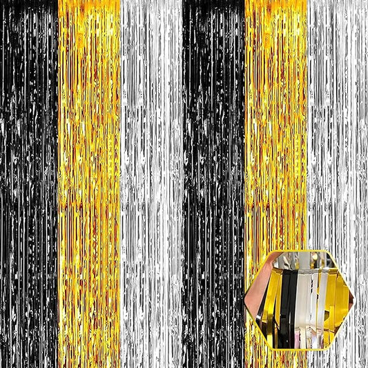 6 Pack Black Gold Silver Foil Fringe Curtain Backdrop, 3.28Ft x 8.2Ft Metallic Tinsel Foil Fringe Streamer Curtains for Photo Booth, Birthday, Wedding, New Year Party Decorations