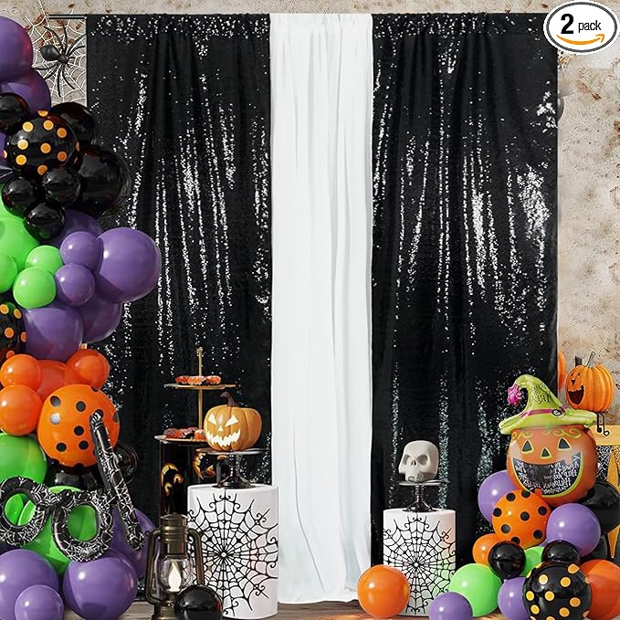 SquarePie Sequin Backdrop Curtain 2FT x 8FT Black for Halloween Party 2 Panels