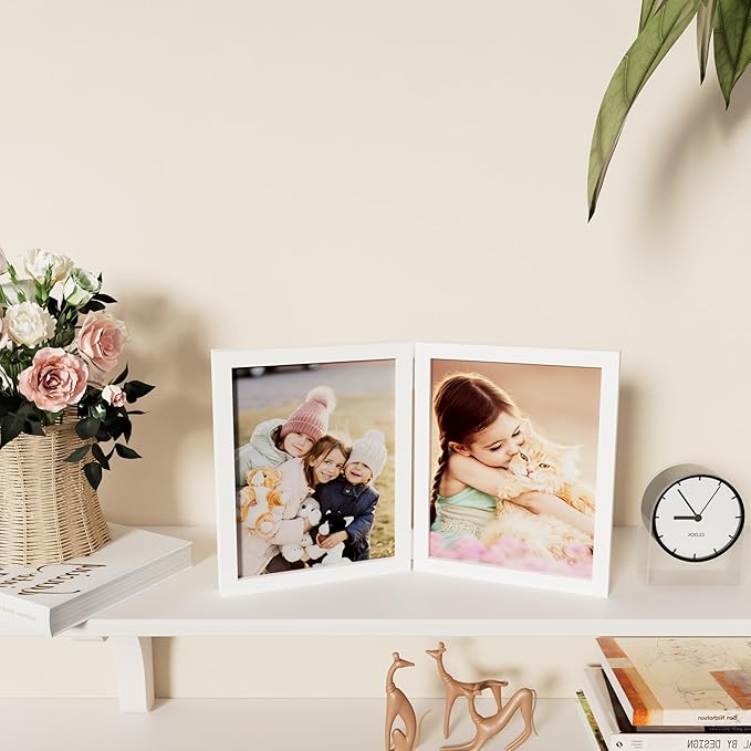 decorUhome Double 8x10 Picture Frame Vertical, Engineered Wood Bifold Photo Frame with Plexiglass for Tabletop Display, 8x10, White