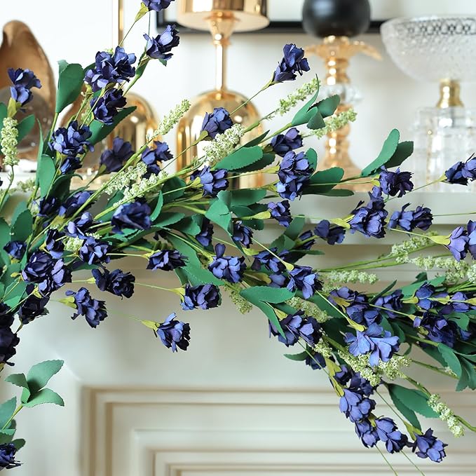 Mizii Blue Artificial Flower Garland 6FT Fake Wildflower Floral Garland Hanging Vines Spring Summer Flowers Decorations for Mantle Table Centerpieces Room Wall Fireplace Wedding Decor (Navy Blue)
