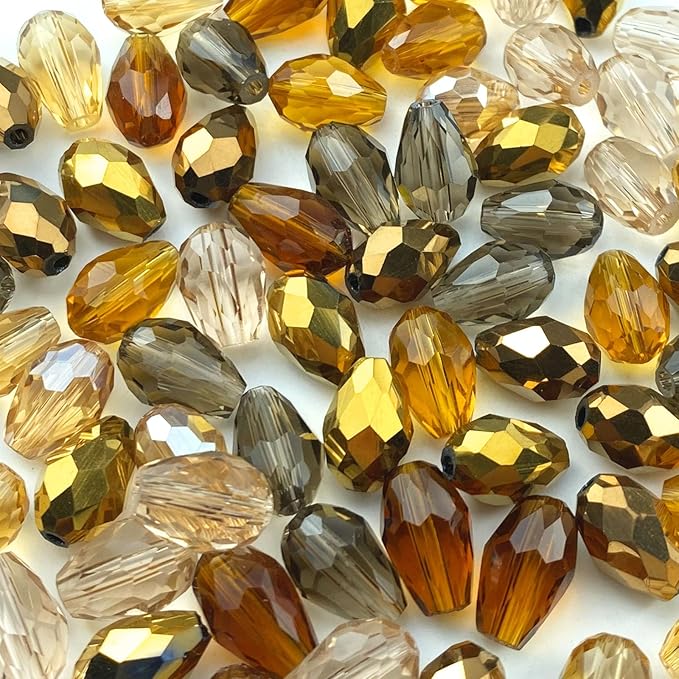 110pcs 6x8mm Teardrop Crystal Glass Beads Vertical Hole Faceted Loose Spacer Beads for DIY Craft Jewelry Making Necklace Bracelet Earring Wind Chimes(Brown Series)