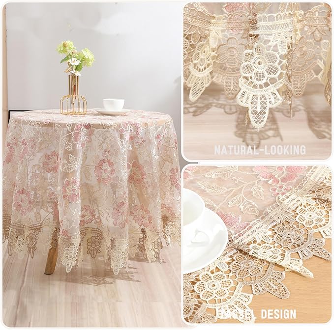 Round Embroidered Lace Tablecloth Vintage Decorative Exquisite Border Table Cover for Party Wedding Home Decorations, Round-35, Pink