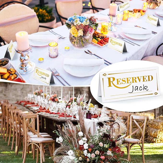 300 Pcs Paper Table Reserved Sign with Name Line Reserved Seating Signs Bulk Double Sided Signs for Reserving Seats Restaurant Wedding Reception Church Board Business Meeting (White Gold)