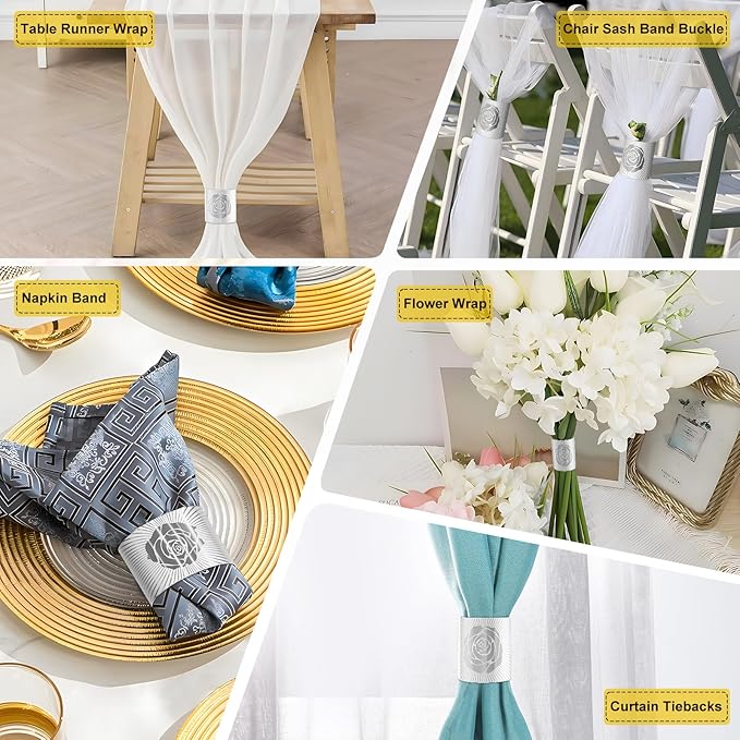 Polymer Material Reusable Napkin Band, Glue-Free Tear-Proof Water Resistant Oil-Proof Napkin Bands Set of 200(Front Silver Rose and Back Silver Color), 6 Adjustable Sizes Napkin Rings