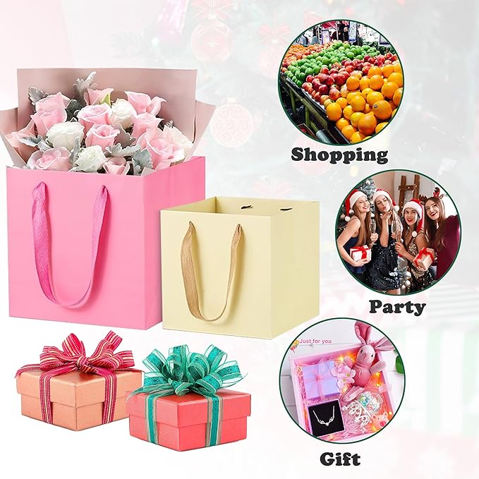 ADIDO EVA Pink Square Gift Bags Medium Size Square Bottom Paper Bags with Handles for Party Favor, Shopping Bag (10x10x10 In, 10 CT)