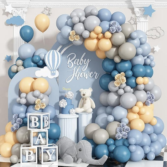 Dusty Blue Balloon Arch Kit 139Pcs Slate Blue Grey Balloons Garland Neutral Boho Retro Fog Gray Apricot Beige Cream White Sand Brown Birthday Party Balloons for Boys Bear Cloud Baby Shower Decorations